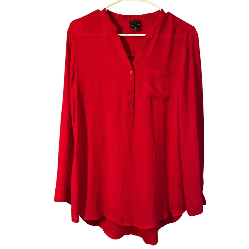 Worthington Women's Size Small Popover Blouse Red Chest Pocket Roll Tab Sleeve